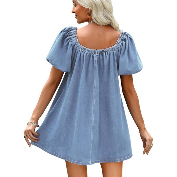 Denim Dress Women Short Sleeve Square Neck Pockets Casual Chic - Picture 4 of 7